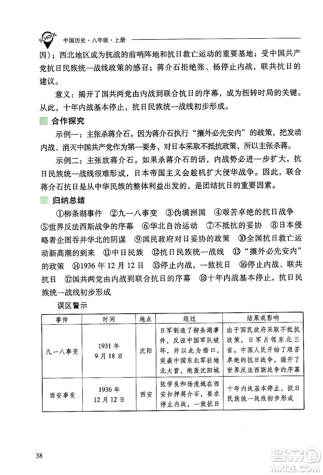 山西教育出版社2024年秋新課程問題解決導(dǎo)學(xué)方案八年級中國歷史上冊人教版答案