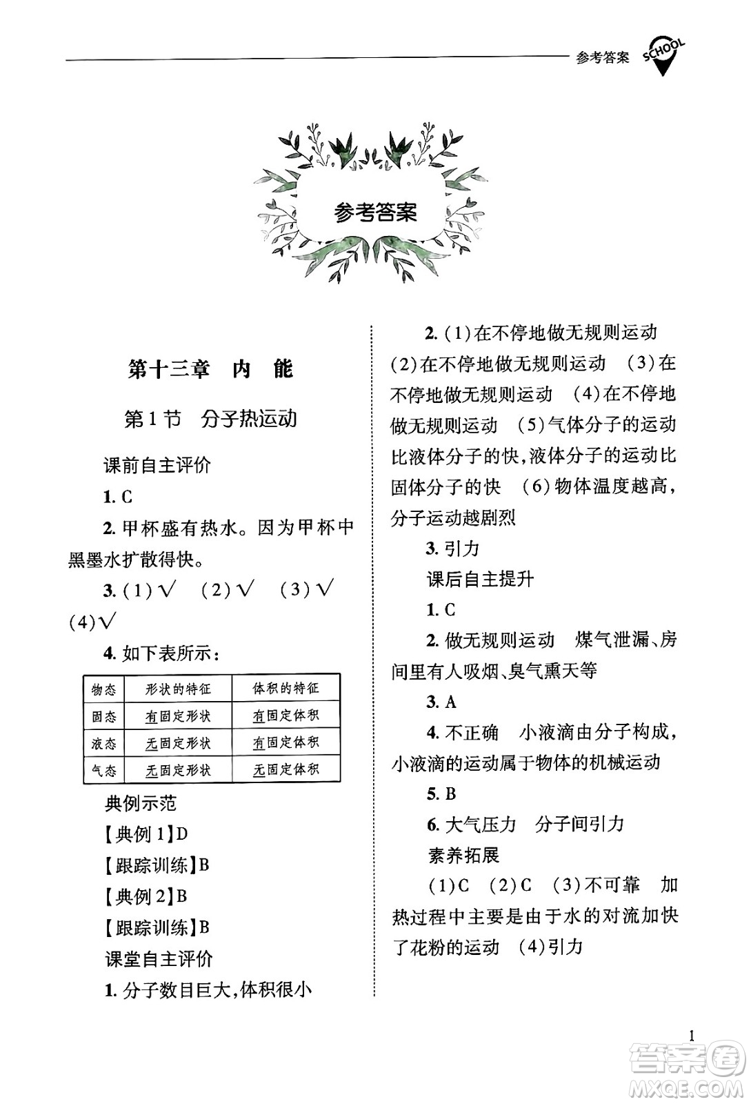 山西教育出版社2025年秋新課程問(wèn)題解決導(dǎo)學(xué)方案九年級(jí)物理全一冊(cè)人教版答案