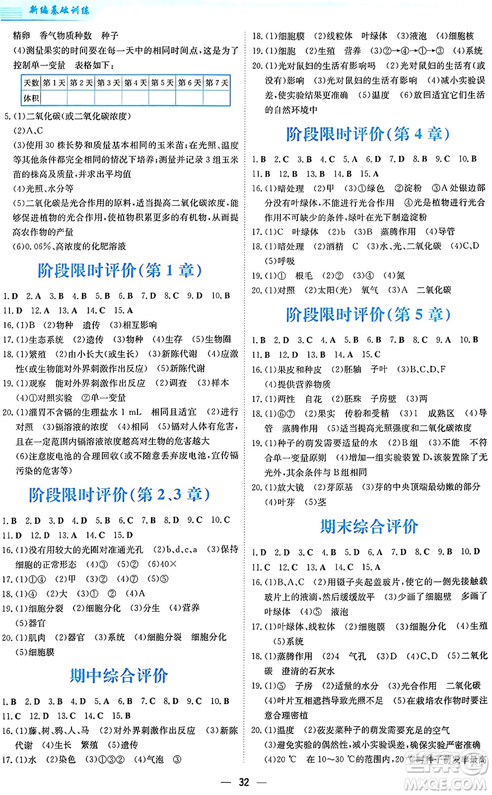 安徽教育出版社2024年秋新編基礎(chǔ)訓(xùn)練七年級(jí)生物學(xué)上冊北師大版答案