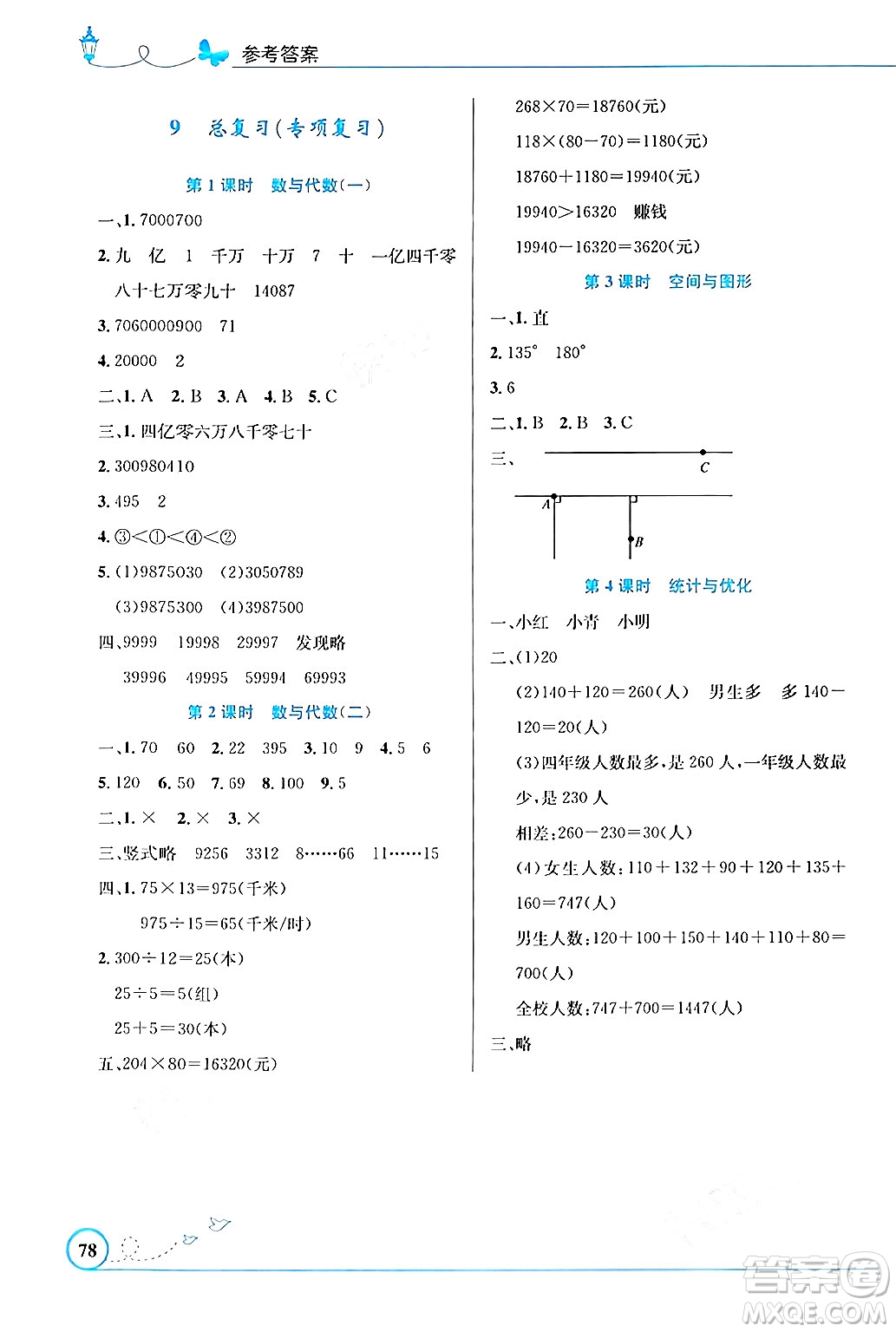 人民教育出版社2024年秋小學(xué)同步測(cè)控優(yōu)化設(shè)計(jì)四年級(jí)數(shù)學(xué)上冊(cè)人教版福建專版答案