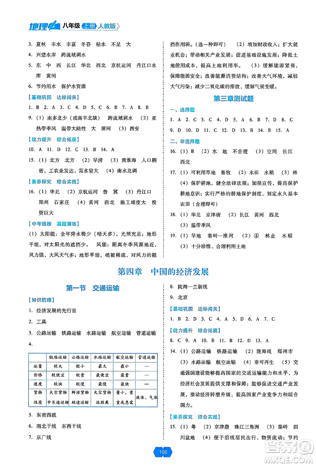 遼海出版社2024年秋新課程能力培養(yǎng)八年級地理上冊人教版答案