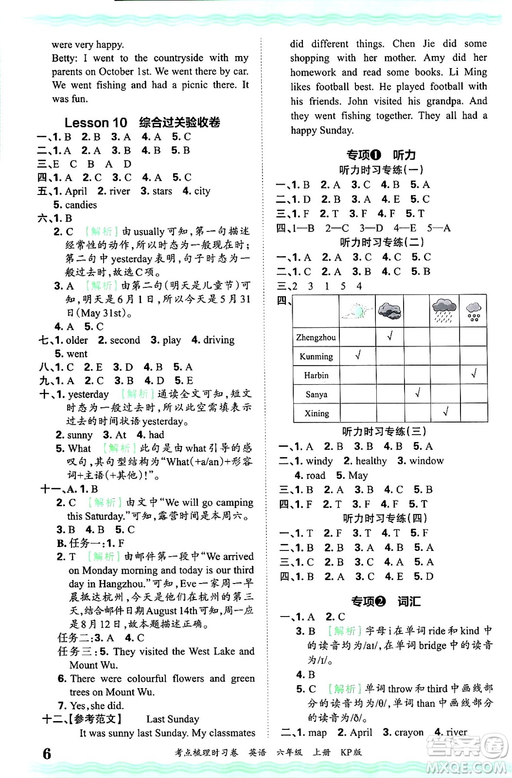 江西人民出版社2024年秋王朝霞考點梳理時習卷六年級英語上冊科普版答案