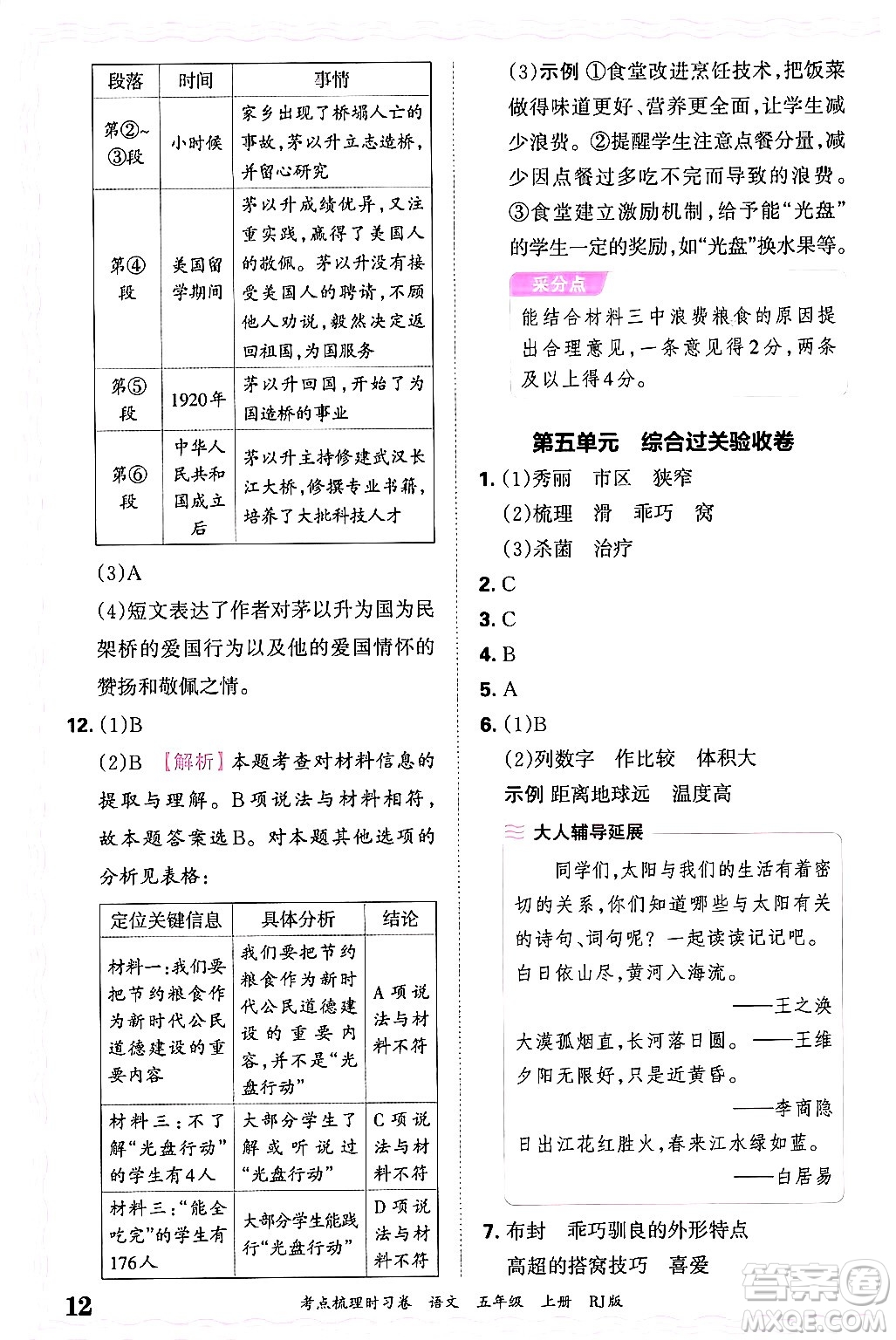 江西人民出版社2024年秋王朝霞考點(diǎn)梳理時(shí)習(xí)卷五年級(jí)語(yǔ)文上冊(cè)人教版答案