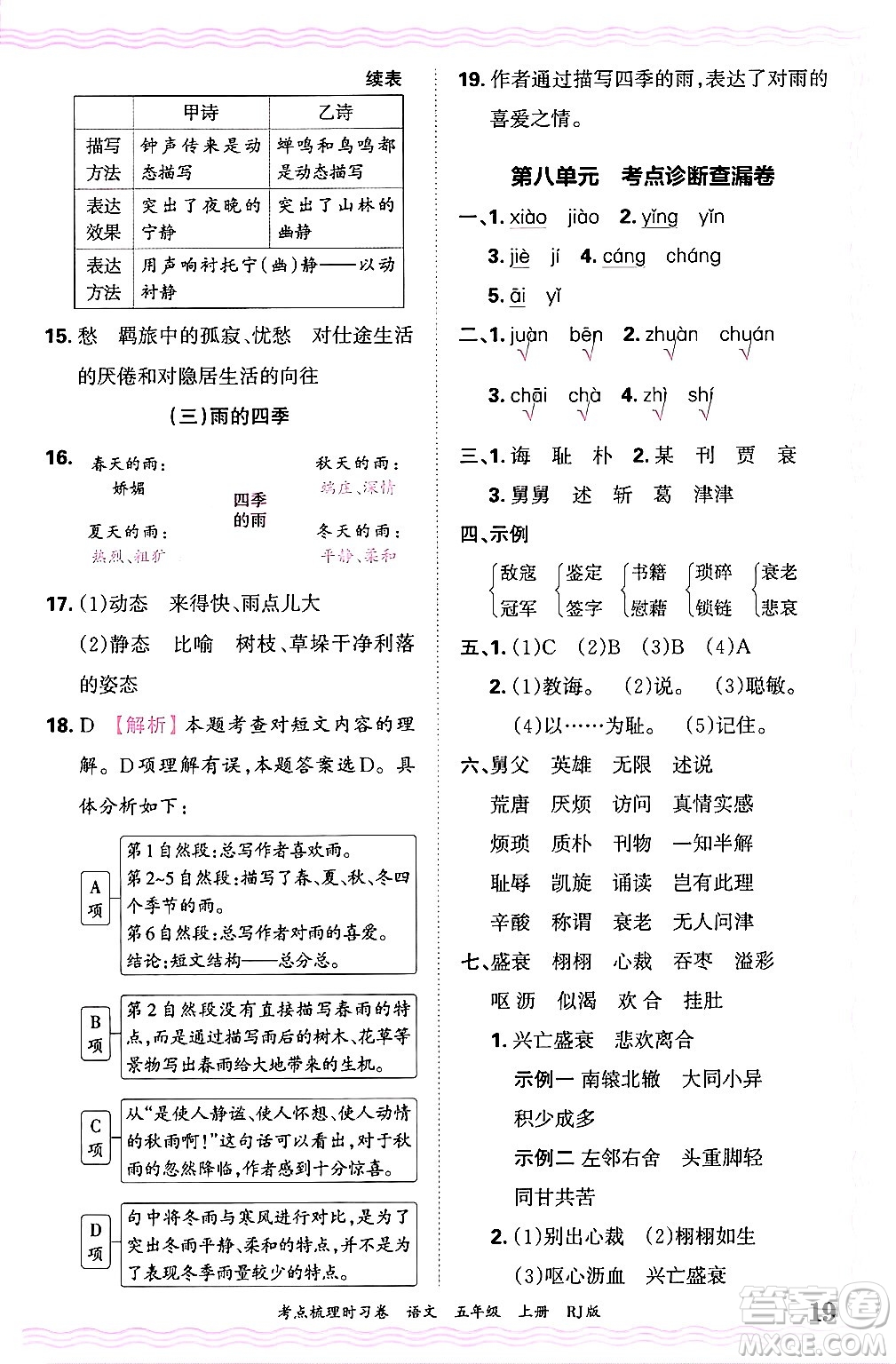 江西人民出版社2024年秋王朝霞考點(diǎn)梳理時(shí)習(xí)卷五年級(jí)語(yǔ)文上冊(cè)人教版答案