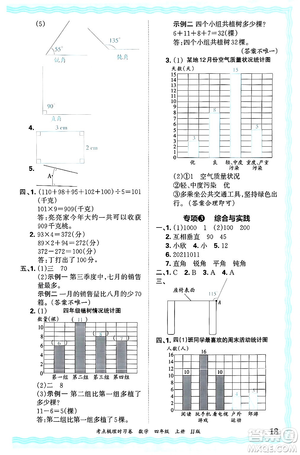 江西人民出版社2024年秋王朝霞考點梳理時習(xí)卷四年級數(shù)學(xué)上冊冀教版答案