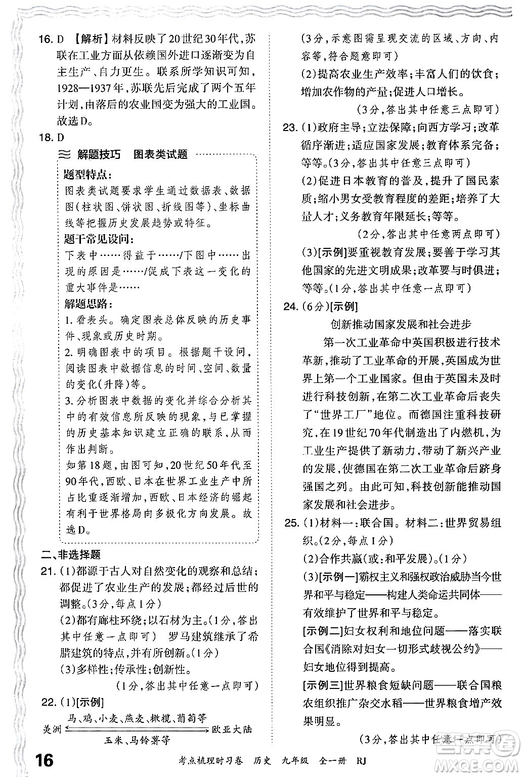 江西人民出版社2025年秋王朝霞考點(diǎn)梳理時(shí)習(xí)卷九年級歷史全一冊人教版答案