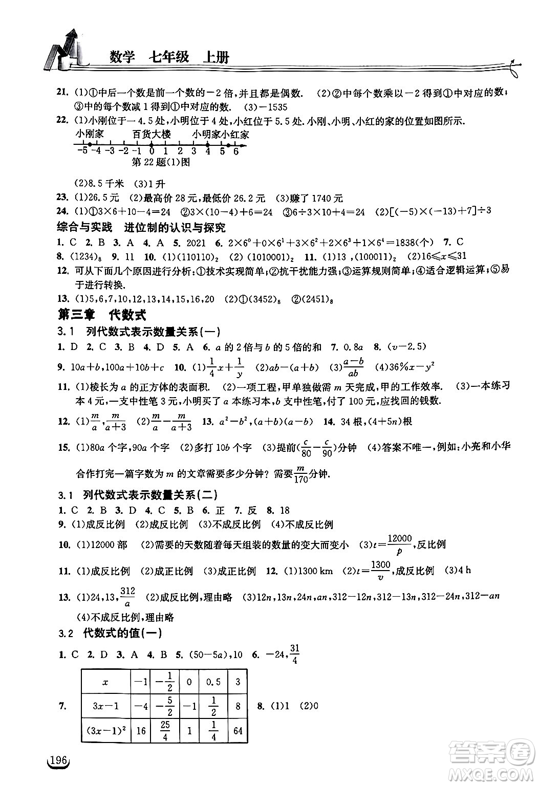 湖北教育出版社2024年秋長江作業(yè)本同步練習(xí)冊七年級數(shù)學(xué)上冊人教版答案