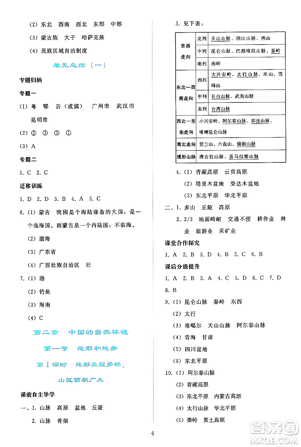 人民教育出版社2024年秋同步輕松練習(xí)八年級地理上冊人教版答案