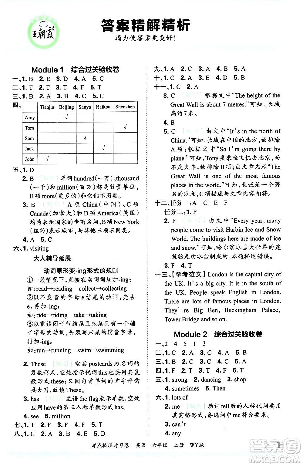 江西人民出版社2024年秋王朝霞考點梳理時習(xí)卷六年級英語上冊外研版答案