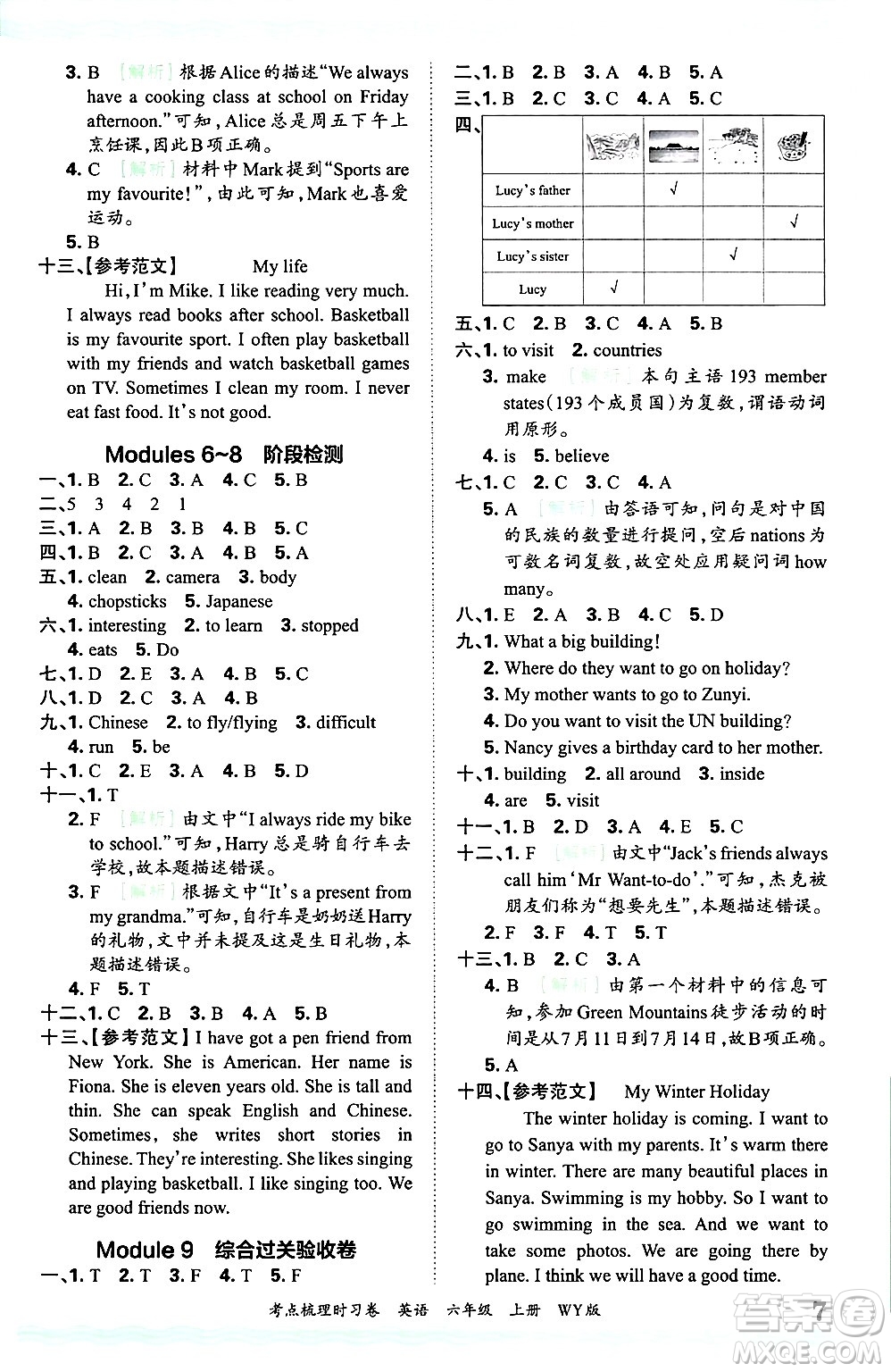 江西人民出版社2024年秋王朝霞考點梳理時習(xí)卷六年級英語上冊外研版答案