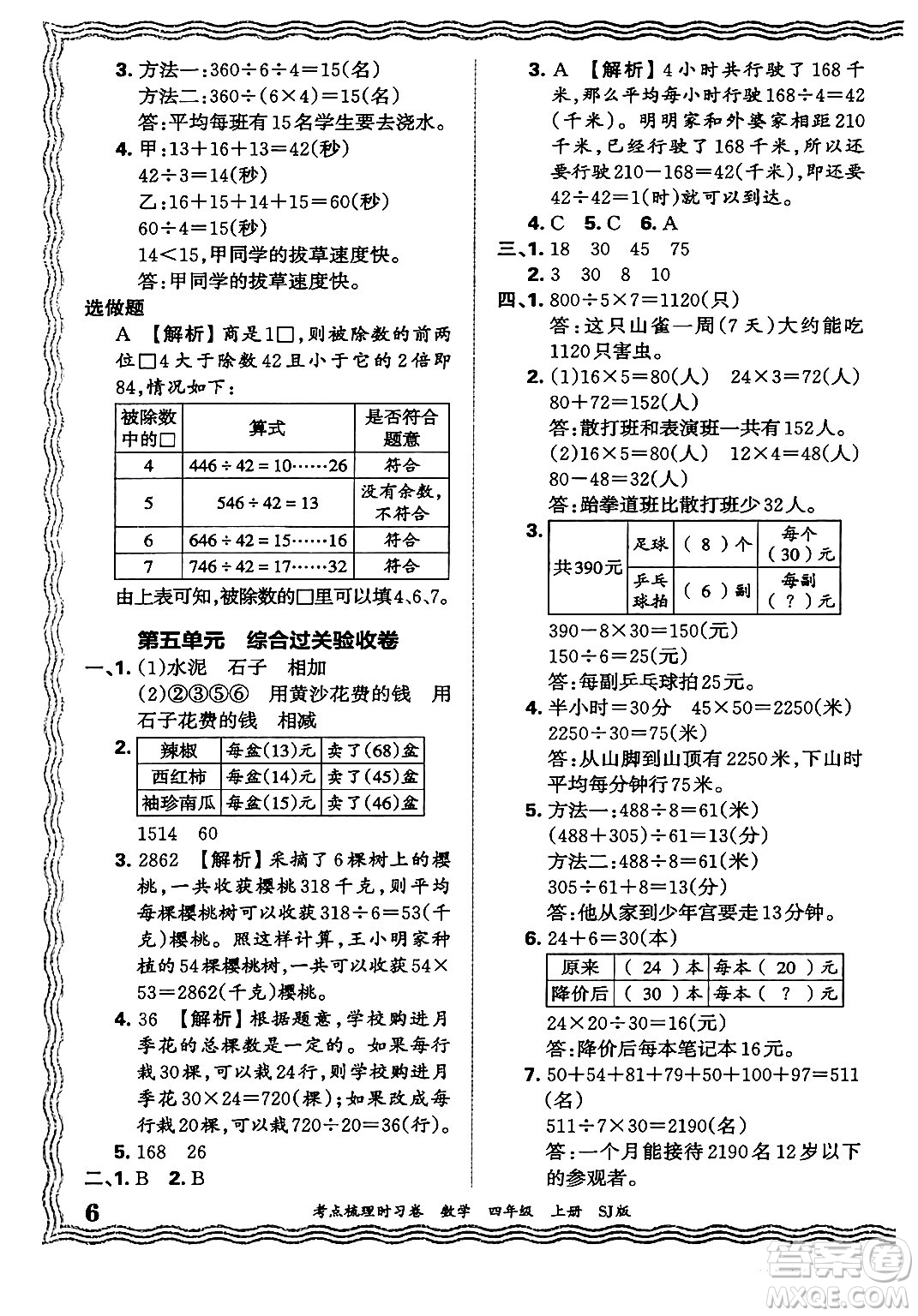 江西人民出版社2024年秋王朝霞考點(diǎn)梳理時習(xí)卷四年級數(shù)學(xué)上冊蘇教版答案