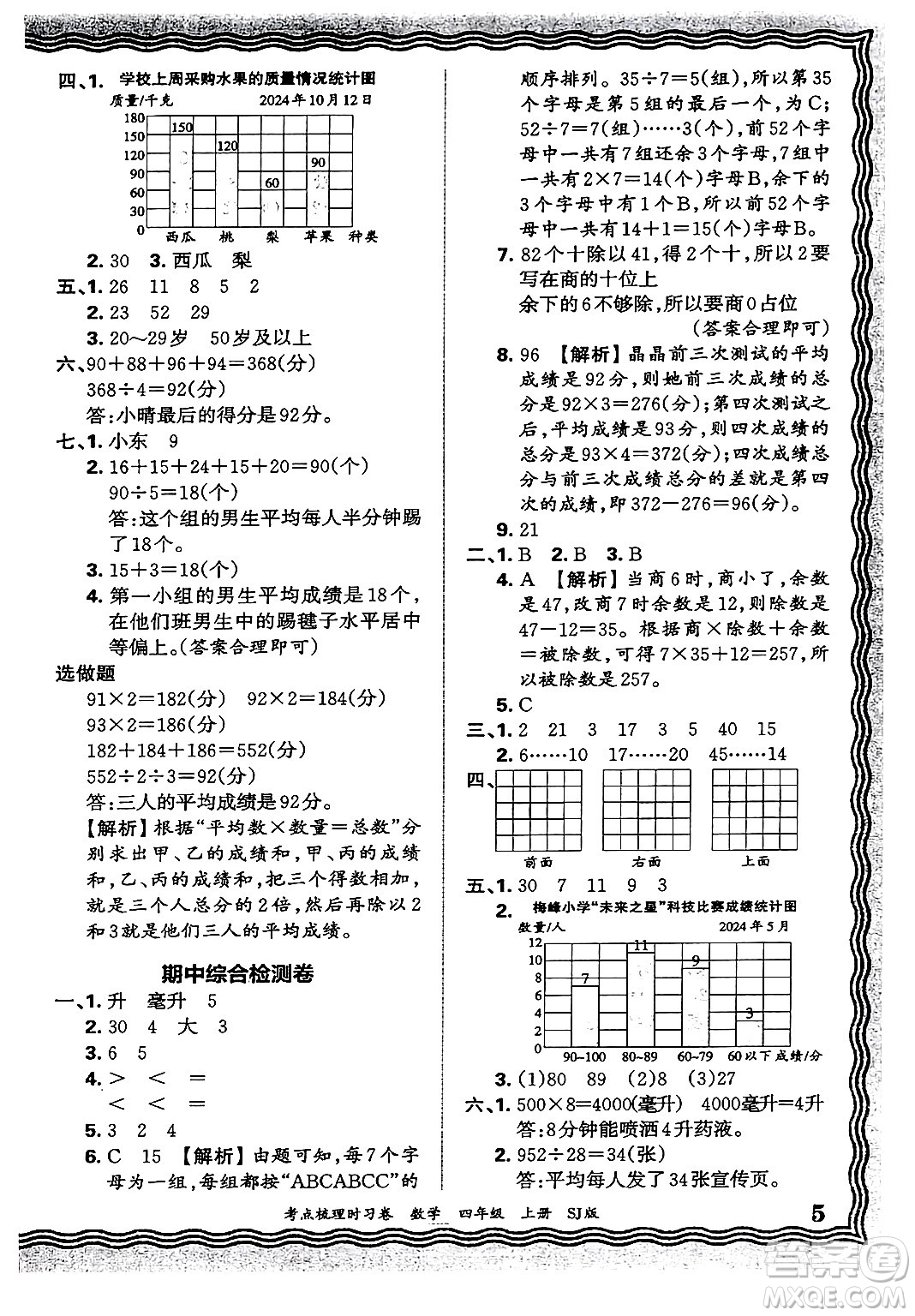 江西人民出版社2024年秋王朝霞考點(diǎn)梳理時習(xí)卷四年級數(shù)學(xué)上冊蘇教版答案