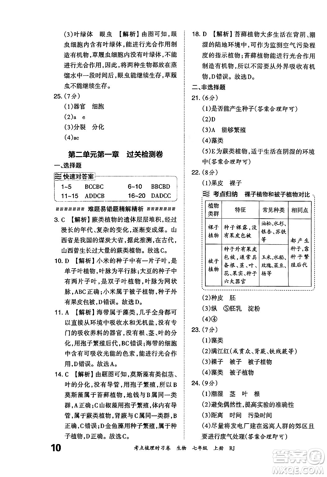 江西人民出版社2024年秋王朝霞考點(diǎn)梳理時(shí)習(xí)卷七年級(jí)生物上冊(cè)人教版答案