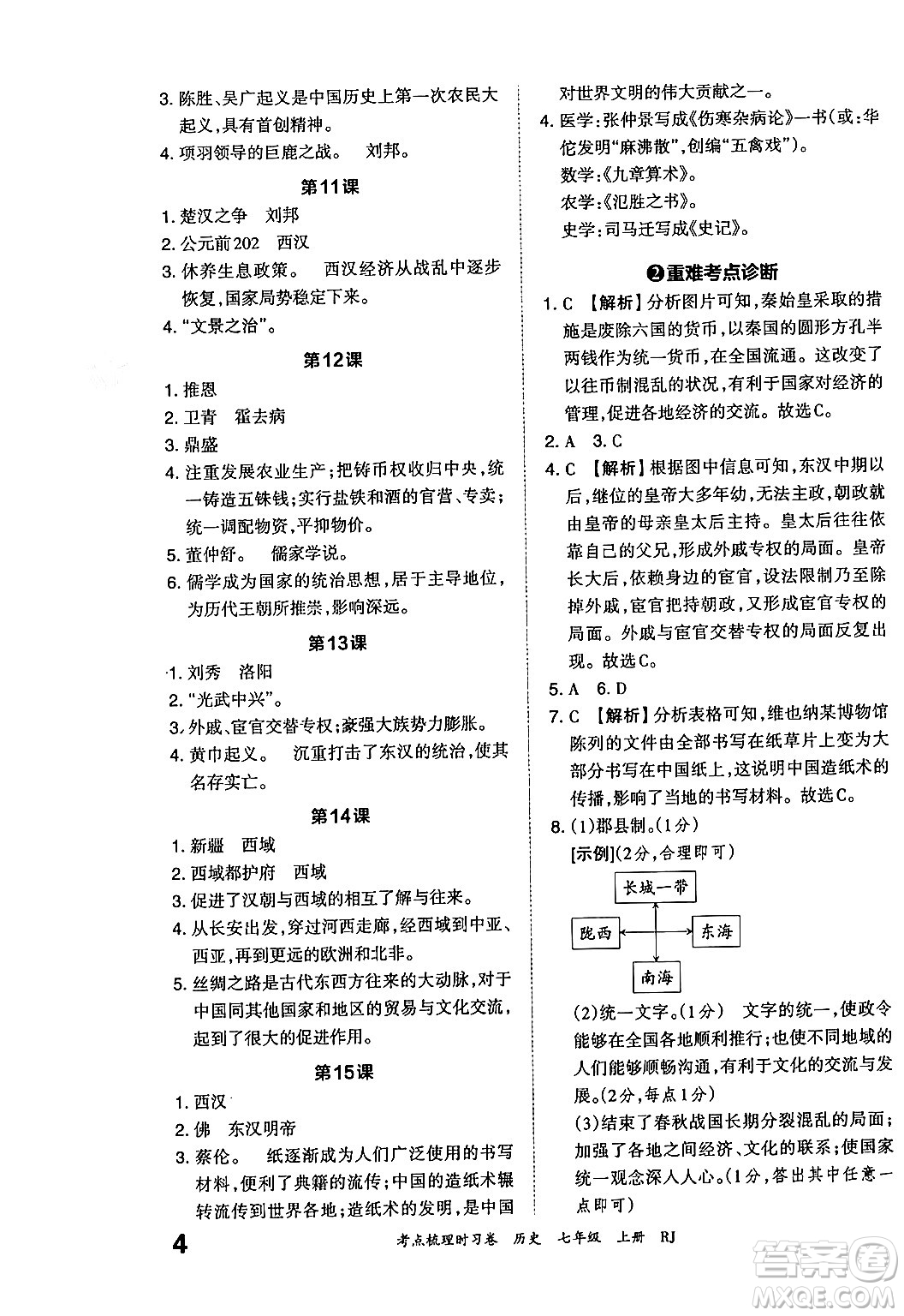 江西人民出版社2024年秋王朝霞考點梳理時習(xí)卷七年級歷史上冊人教版答案