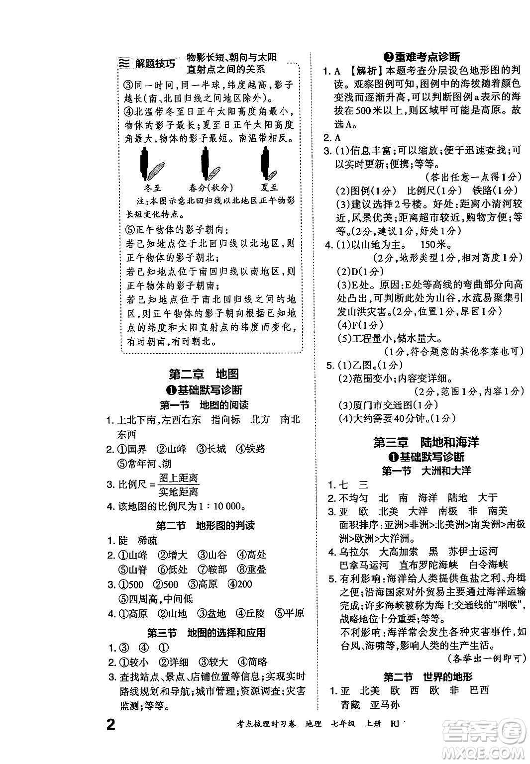 江西人民出版社2024年秋王朝霞考點梳理時習卷七年級地理上冊人教版答案