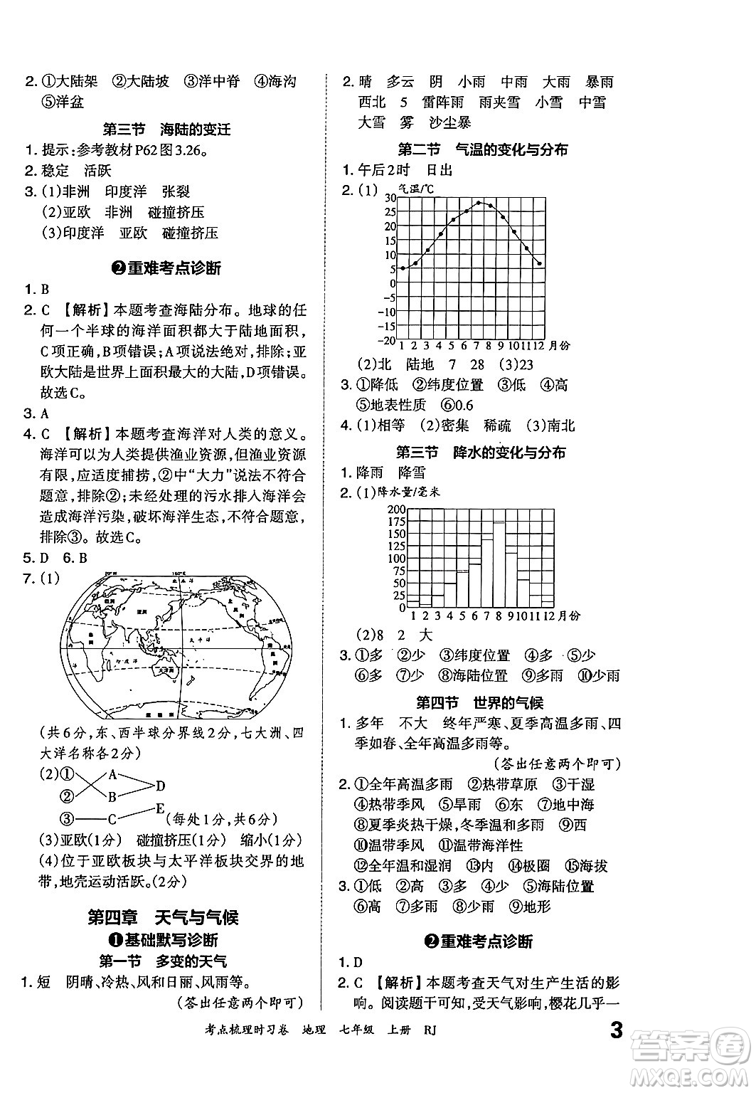 江西人民出版社2024年秋王朝霞考點梳理時習卷七年級地理上冊人教版答案