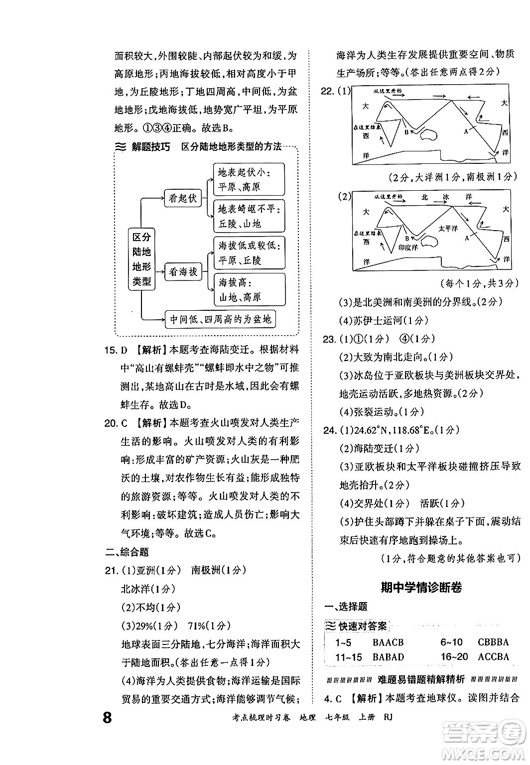 江西人民出版社2024年秋王朝霞考點梳理時習卷七年級地理上冊人教版答案