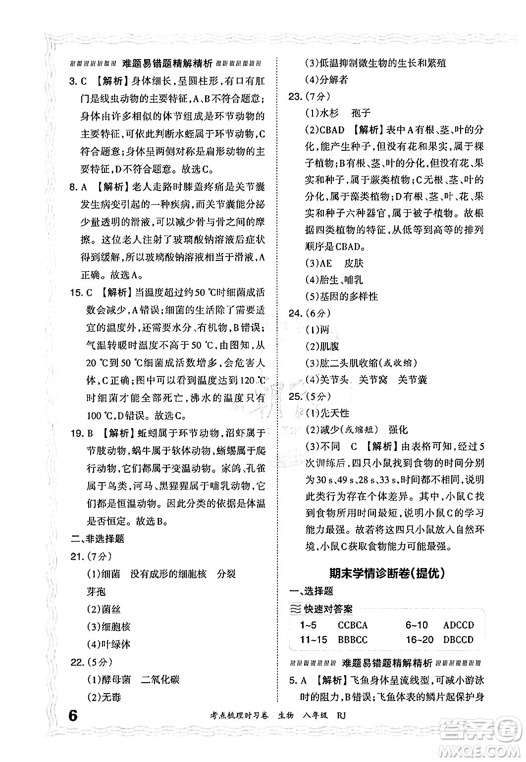 江西人民出版社2024年秋王朝霞考點梳理時習卷八年級生物上冊人教版答案