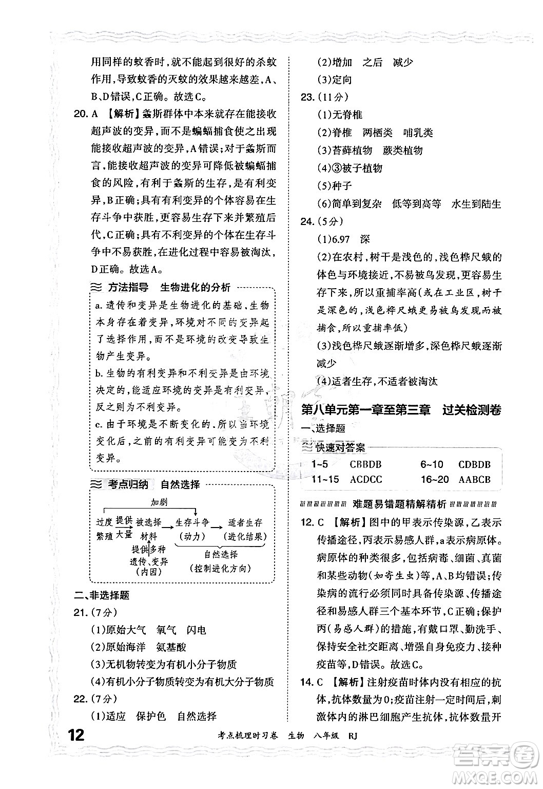 江西人民出版社2024年秋王朝霞考點梳理時習卷八年級生物上冊人教版答案