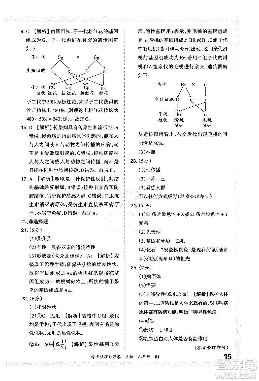 江西人民出版社2024年秋王朝霞考點梳理時習卷八年級生物上冊人教版答案