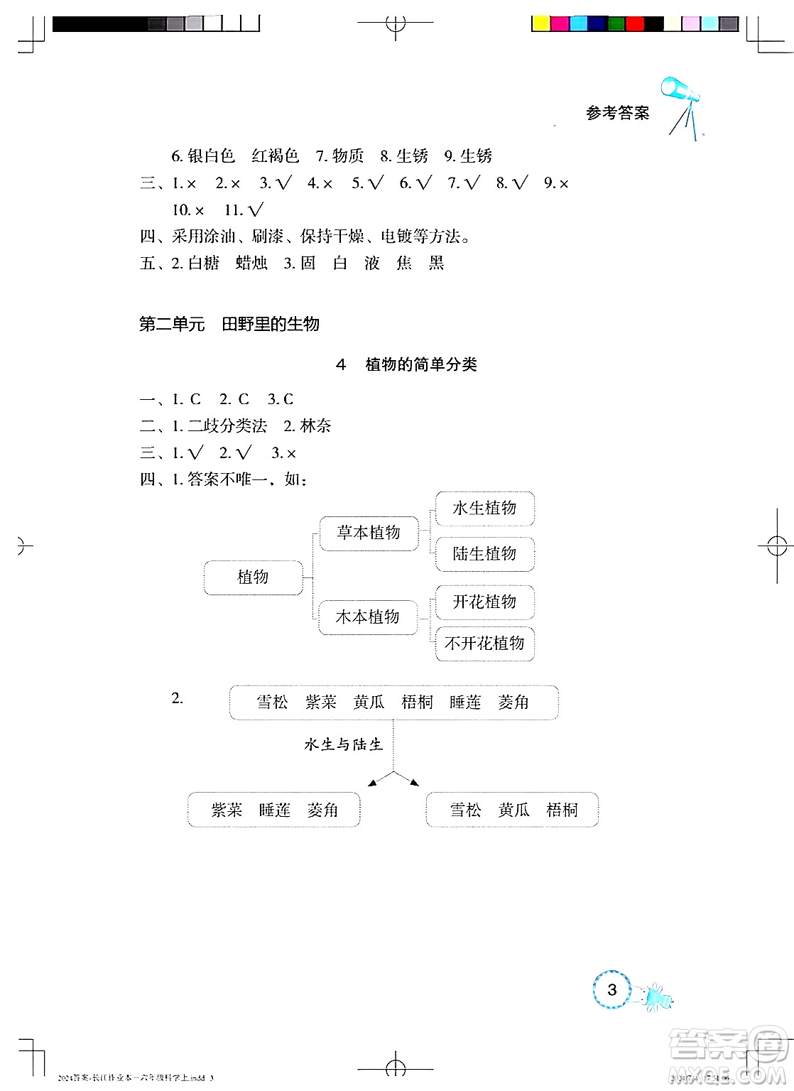 湖北教育出版社2024年秋長(zhǎng)江作業(yè)本課堂作業(yè)六年級(jí)科學(xué)上冊(cè)人教版答案