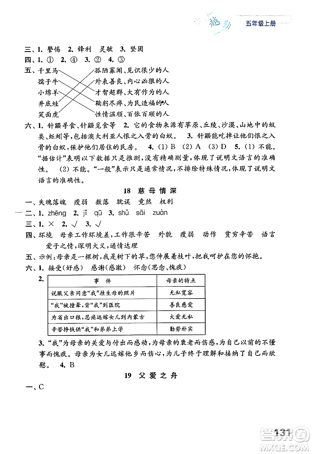 江蘇鳳凰教育出版社2024年秋練習(xí)與測試小學(xué)語文五年級(jí)語文上冊(cè)人教版答案