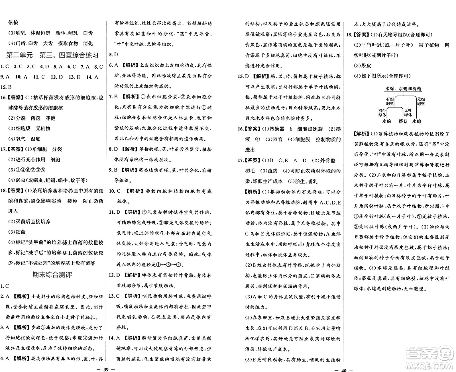 人民教育出版社2024年秋陽光課堂金牌練習冊七年級生物學上冊人教版答案