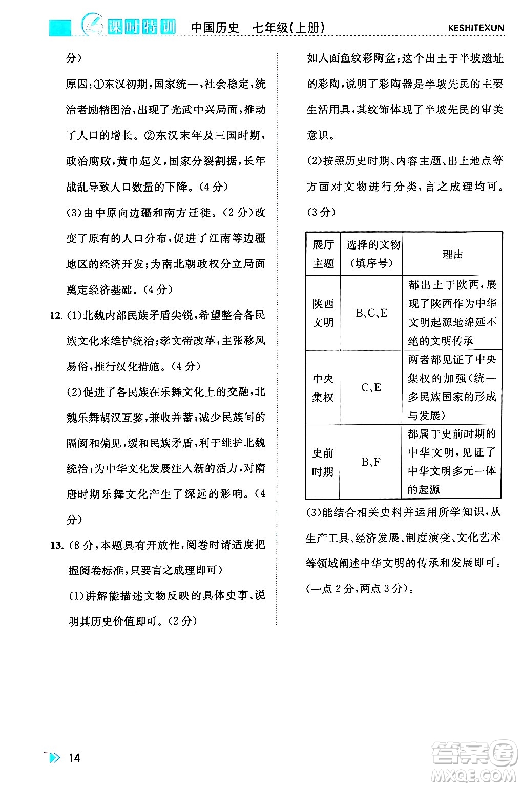 浙江人民出版社2024年秋課時特訓(xùn)七年級中國歷史上冊人教版答案