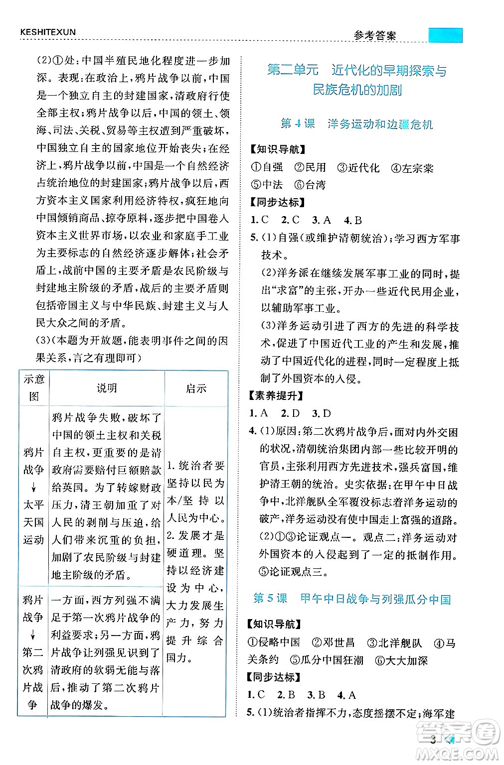 浙江人民出版社2024年秋課時特訓(xùn)八年級中國歷史上冊人教版答案