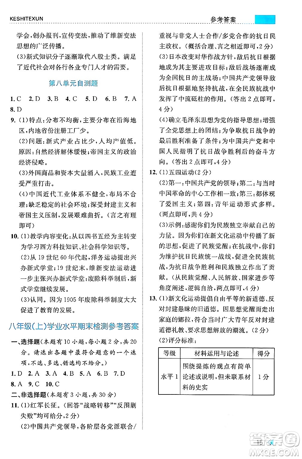 浙江人民出版社2024年秋課時特訓(xùn)八年級中國歷史上冊人教版答案