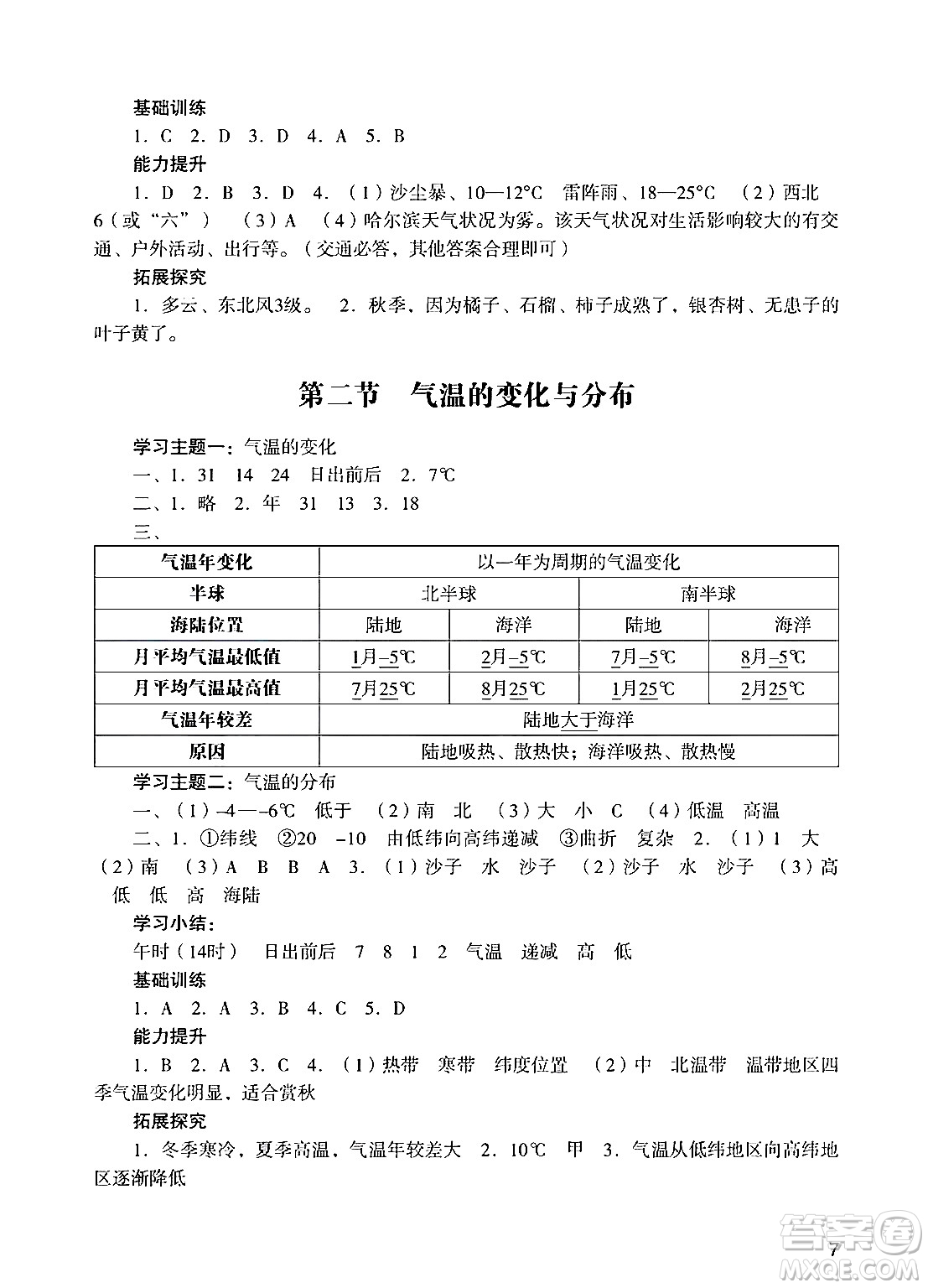 廣州出版社2024年秋陽光學(xué)業(yè)評價(jià)七年級地理上冊人教版答案