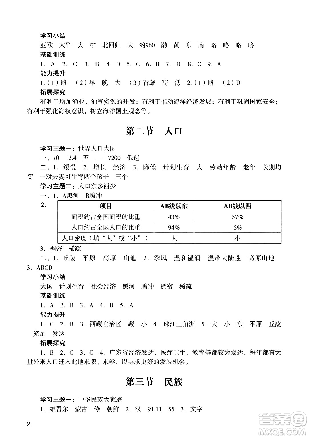 廣州出版社2024年秋陽光學(xué)業(yè)評價八年級地理上冊人教版答案