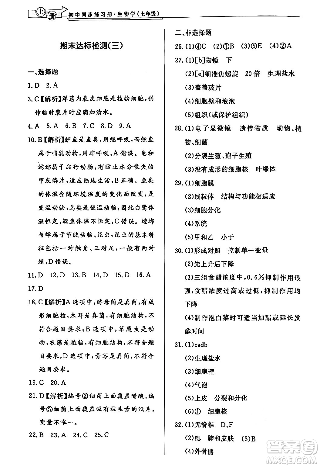 濟(jì)南出版社2024秋初中同步練習(xí)冊七年級生物上冊濟(jì)南版答案