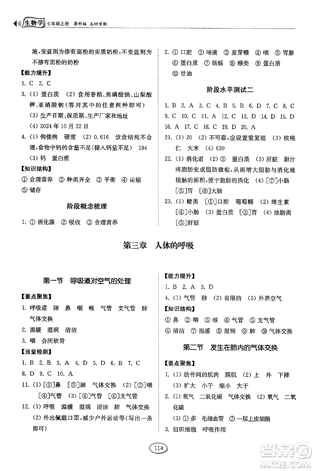 山東科學技術出版社2024秋初中同步練習冊七年級生物上冊魯科版五四制答案