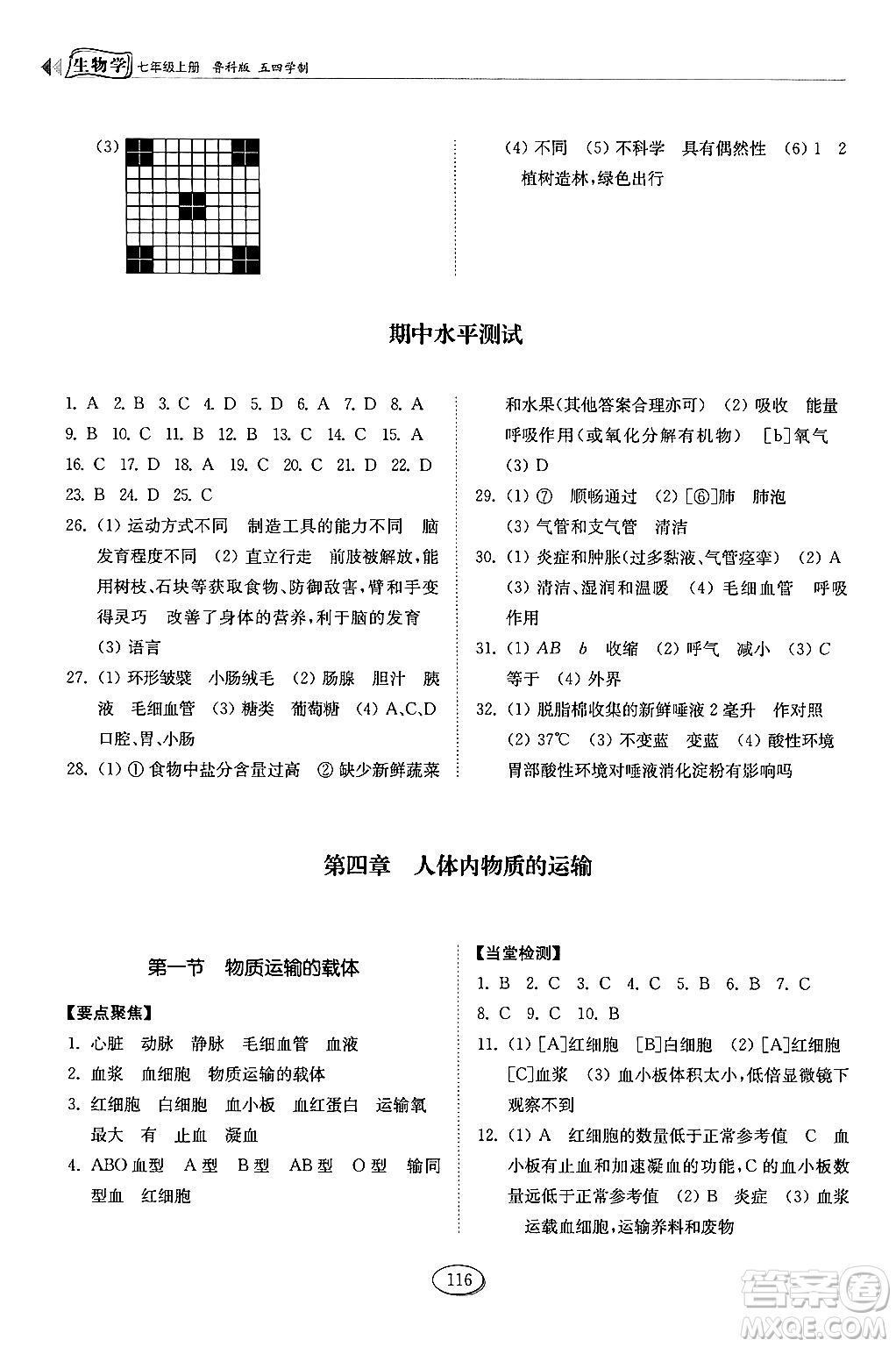 山東科學技術出版社2024秋初中同步練習冊七年級生物上冊魯科版五四制答案