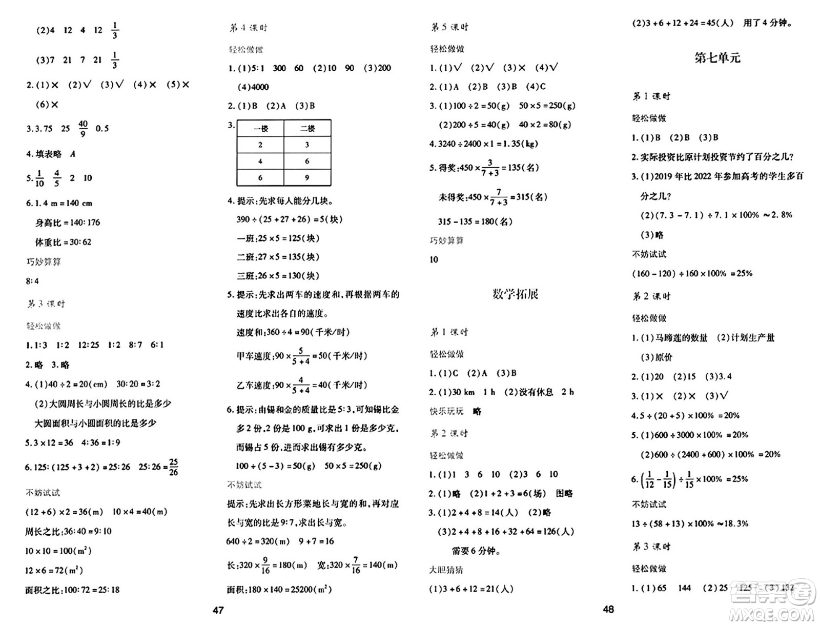 陜西人民教育出版社2024年秋學(xué)習(xí)與評價六年級數(shù)學(xué)上冊北師大版C版答案