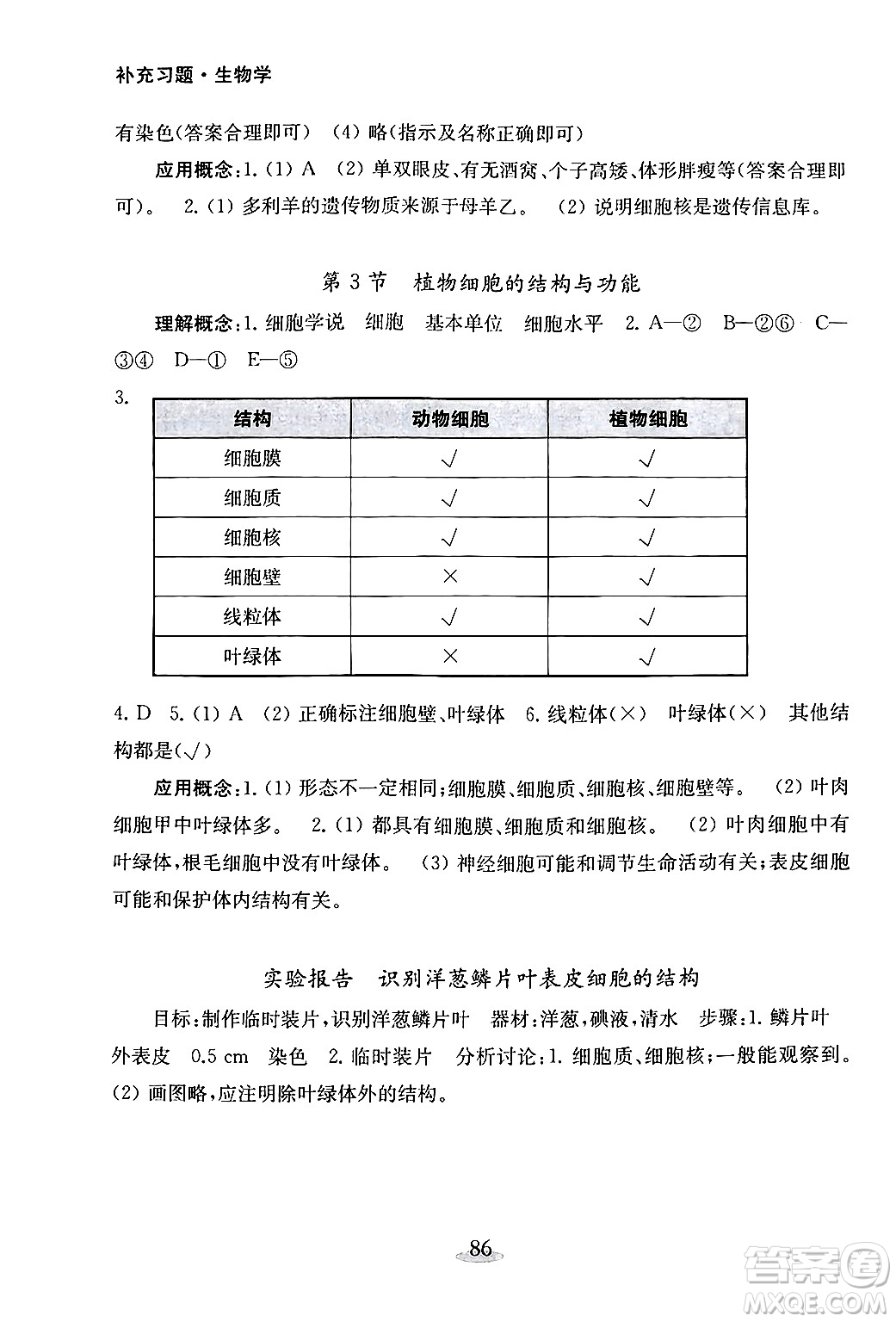 江蘇鳳凰教育出版社2024年秋初中生物學(xué)補充習(xí)題七年級生物上冊蘇教版答案