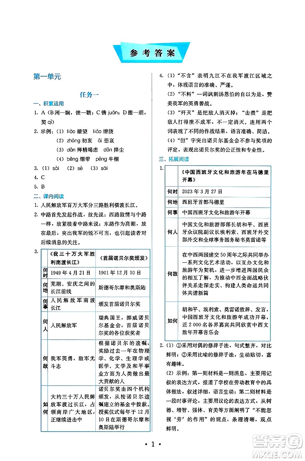 人民教育出版社2024年秋人教金學(xué)典同步練習(xí)冊同步解析與測評八年級語文上冊人教版答案