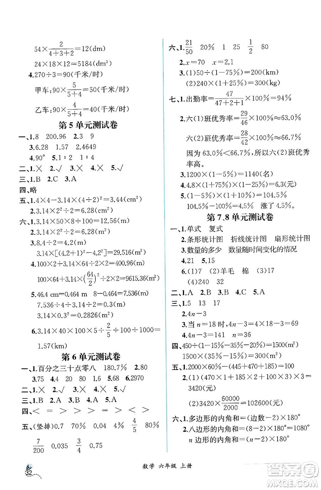 人民教育出版社2024年秋人教金學(xué)典同步練習(xí)冊同步解析與測評六年級數(shù)學(xué)上冊人教版云南專版答案