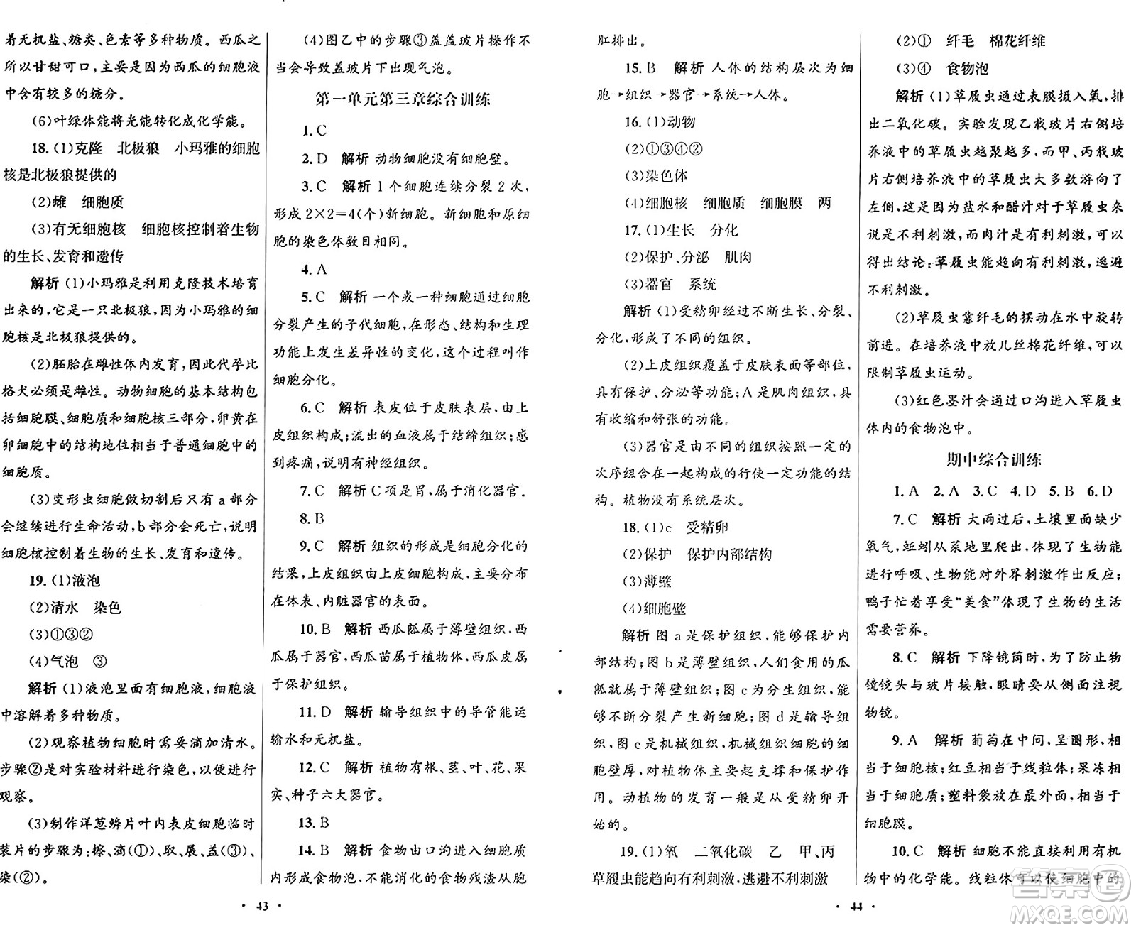 人民教育出版社2024年秋初中同步測控優(yōu)化設(shè)計七年級生物上冊人教版福建專版答案