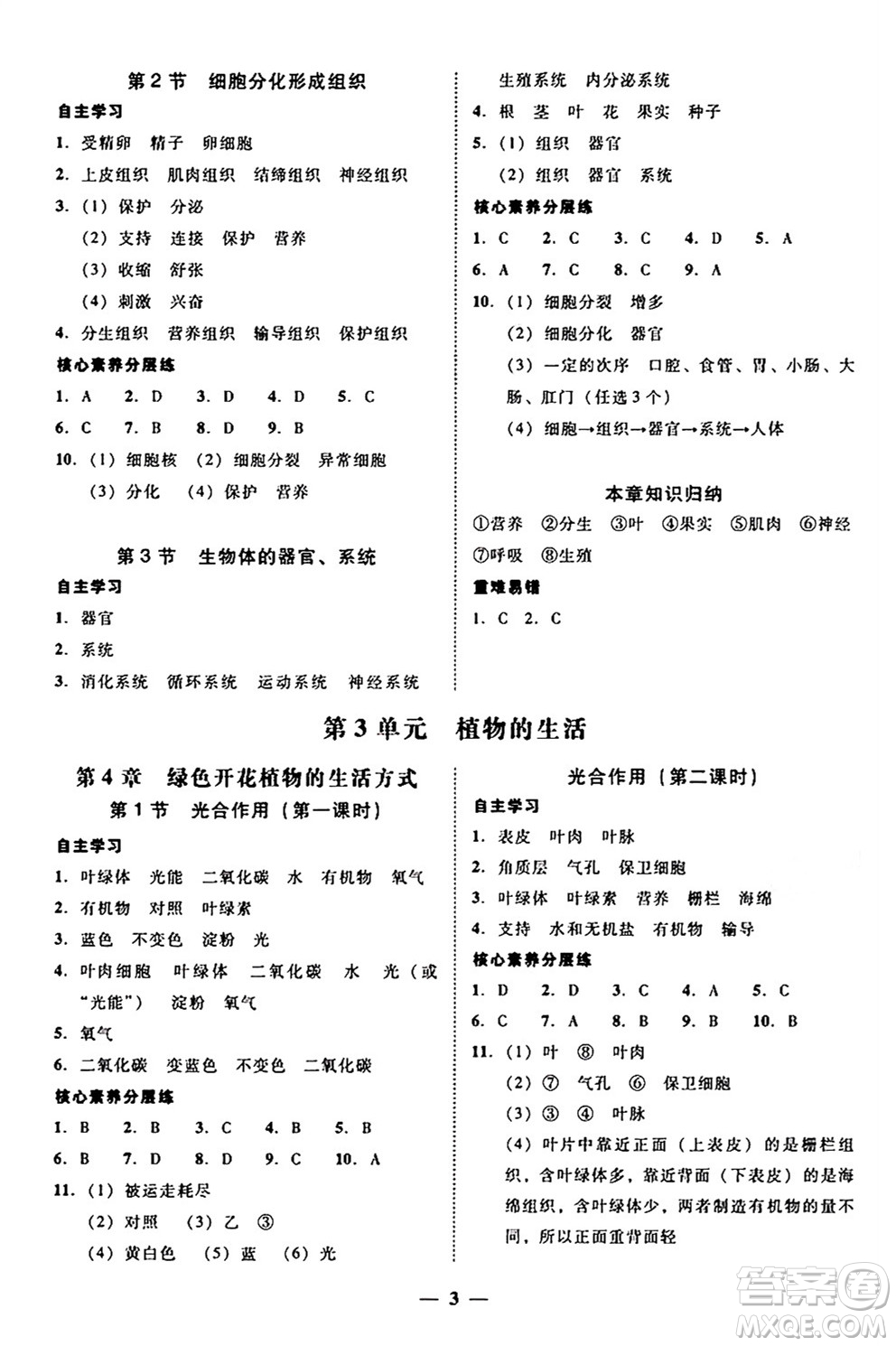 廣東教育出版社2024年秋南粵學(xué)典學(xué)考精練七年級生物上冊北師大版答案