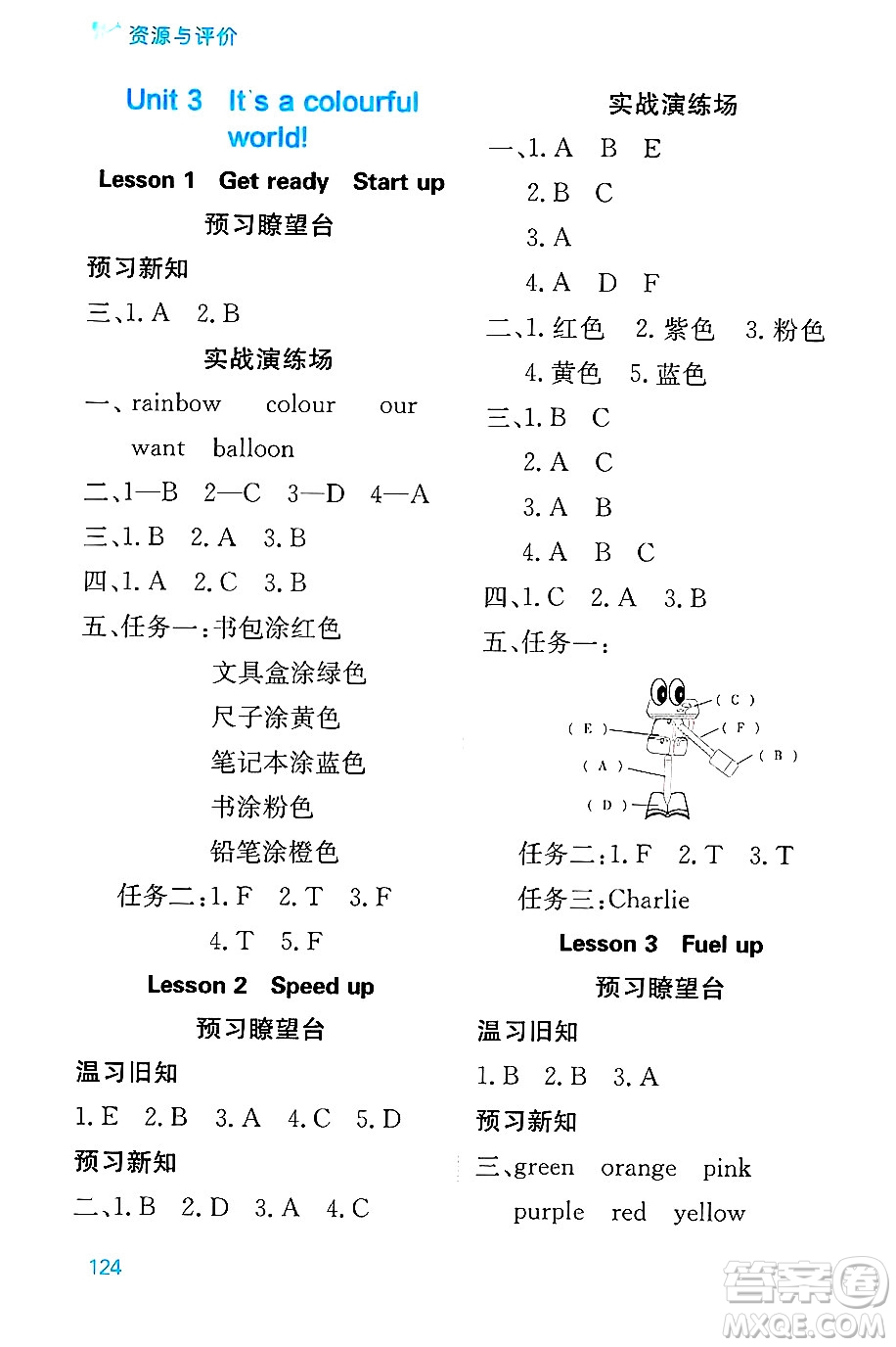 黑龍江教育出版社2024年秋資源與評價三年級英語上冊外研版B版黑龍江專版答案