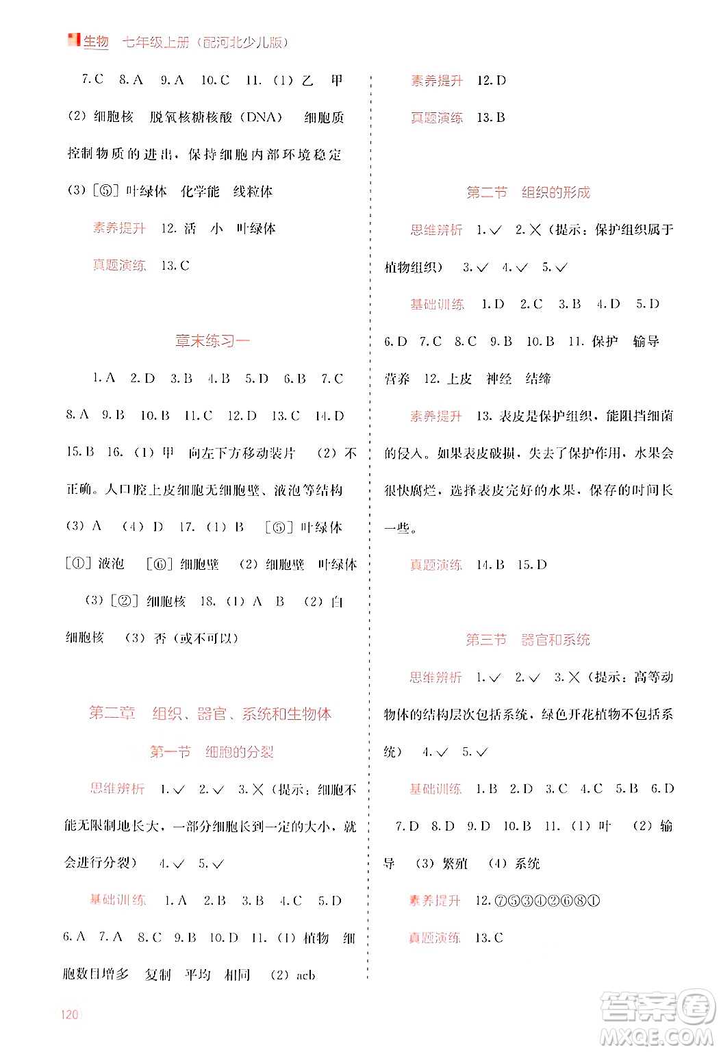 廣西教育出版社2024年秋自主學(xué)習(xí)能力測評(píng)七年級(jí)生物上冊河北少兒版答案