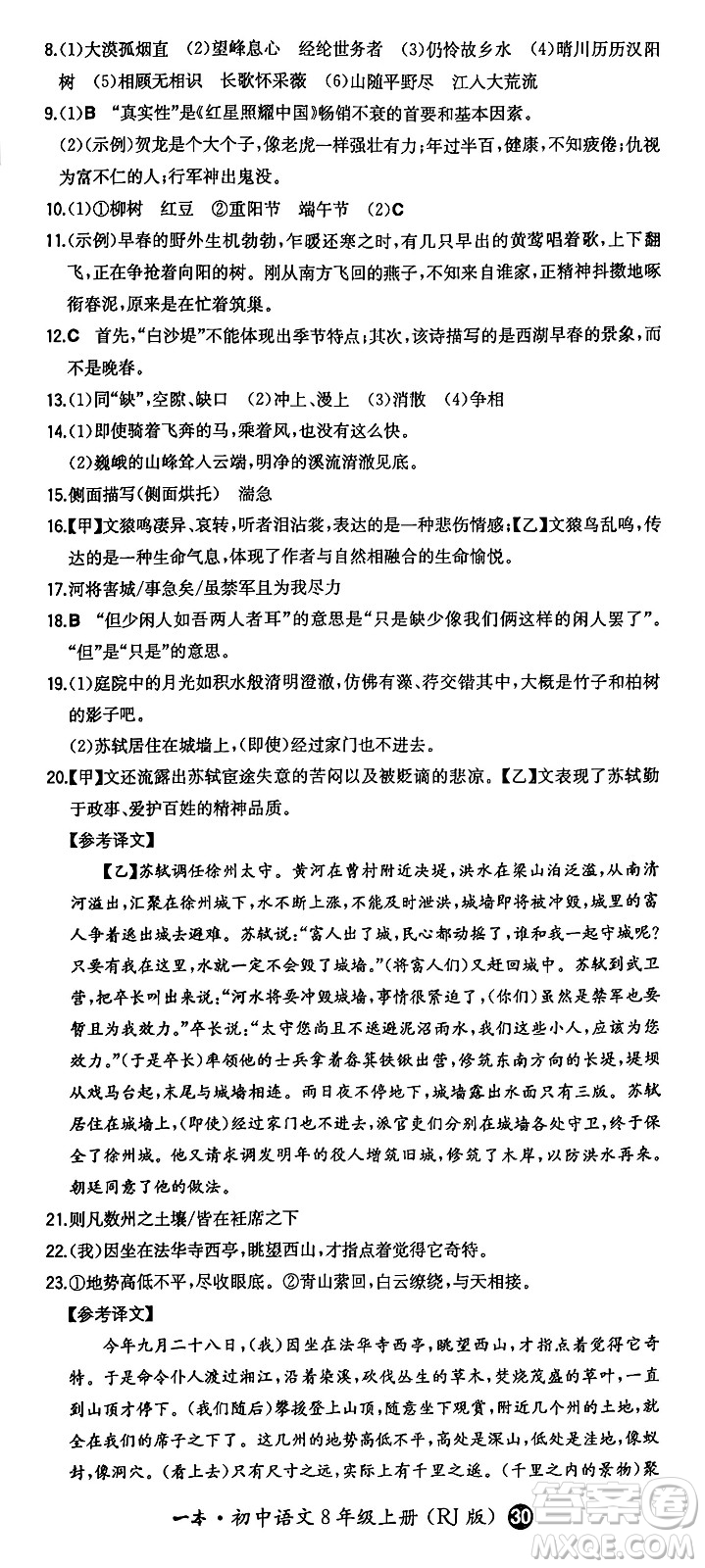 湖南教育出版社2024年秋一本同步訓(xùn)練八年級(jí)語文上冊(cè)人教版答案