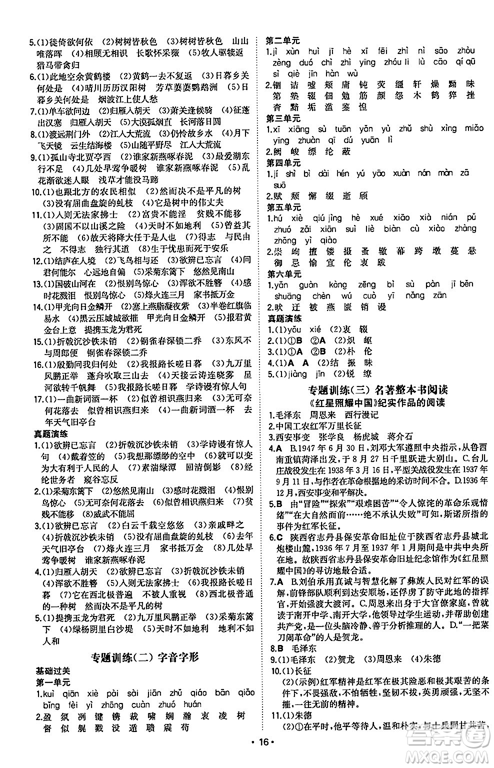 湖南教育出版社2024年秋一本同步訓練八年級語文上冊人教版陜西專版答案