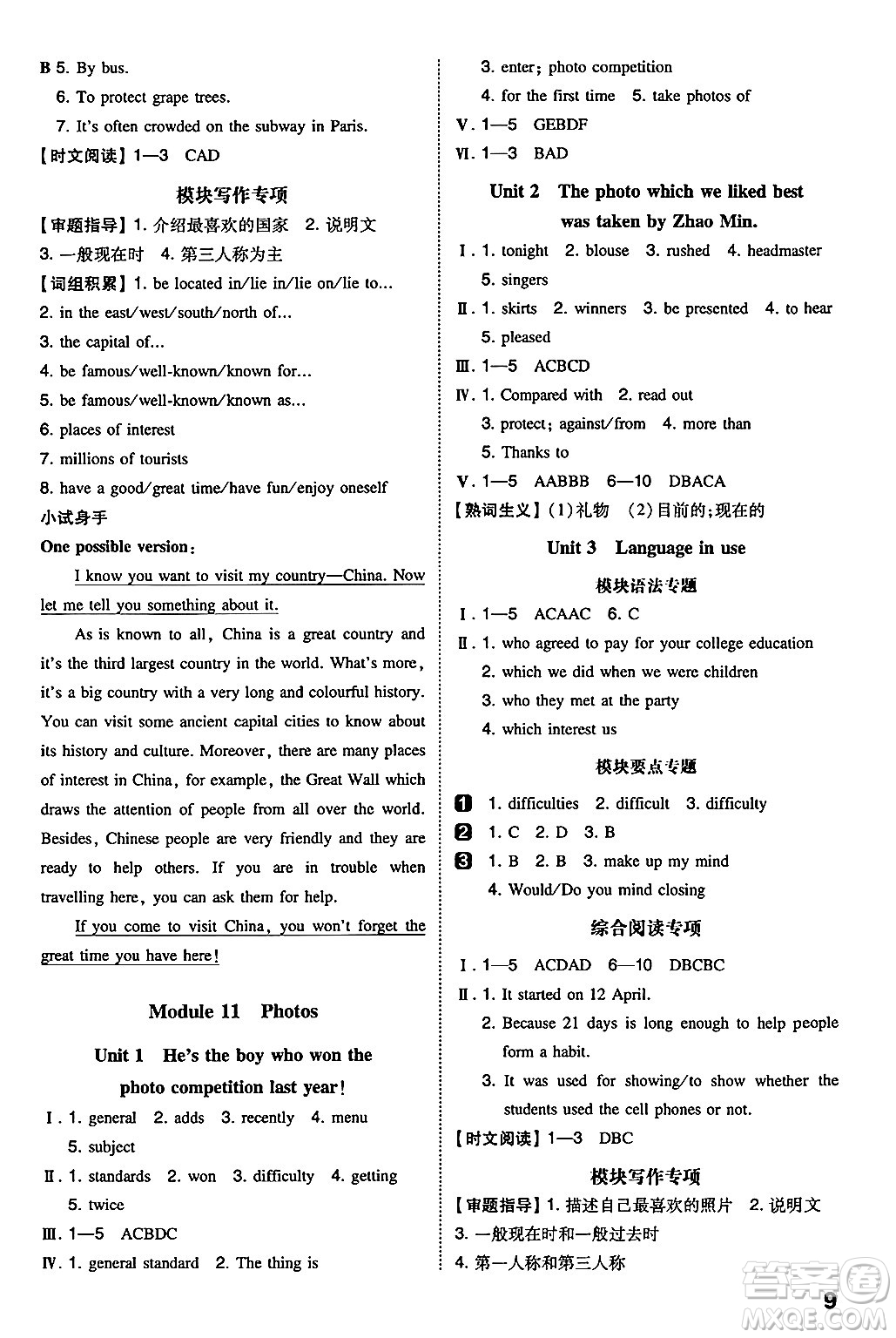 湖南教育出版社2024年秋一本同步訓練九年級英語上冊外研版答案