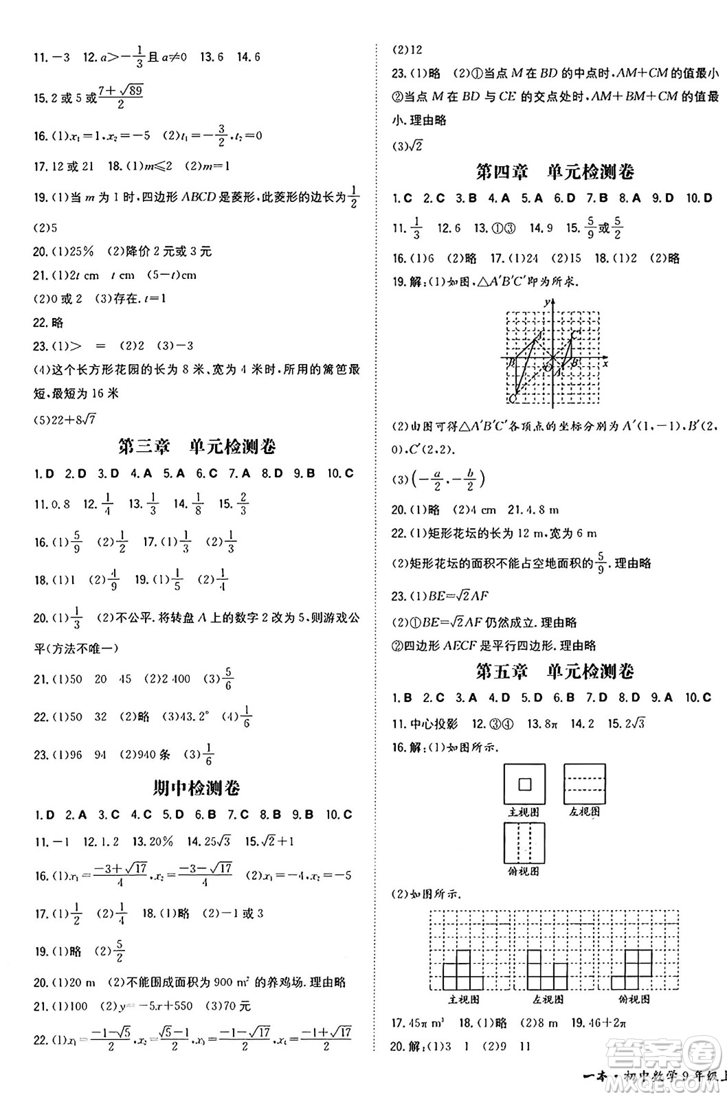 湖南教育出版社2024年秋一本同步訓練九年級數(shù)學上冊北師大版遼寧專版答案