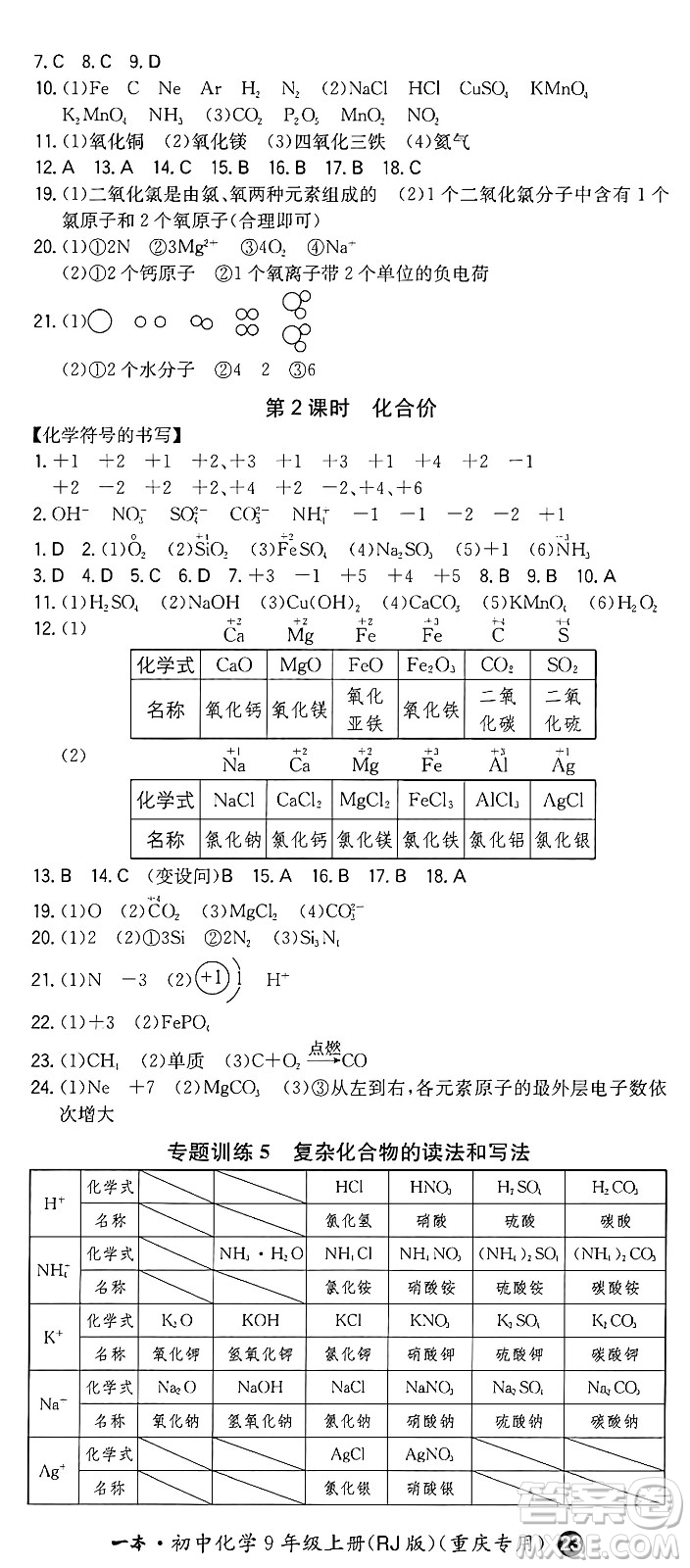 湖南教育出版社2024年秋一本同步訓(xùn)練九年級化學(xué)上冊人教版重慶專版答案