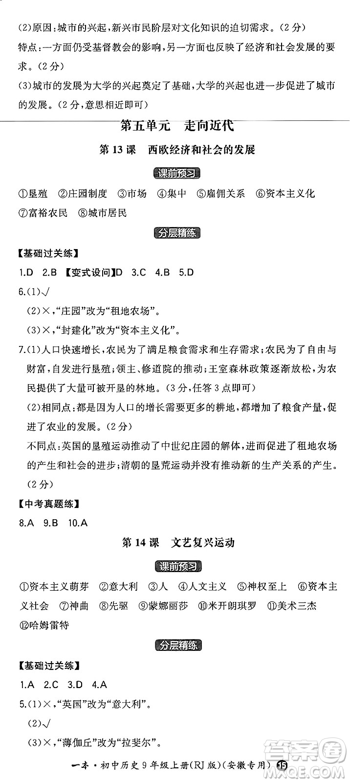 湖南教育出版社2024年秋一本同步訓(xùn)練九年級歷史上冊人教版安徽專版答案