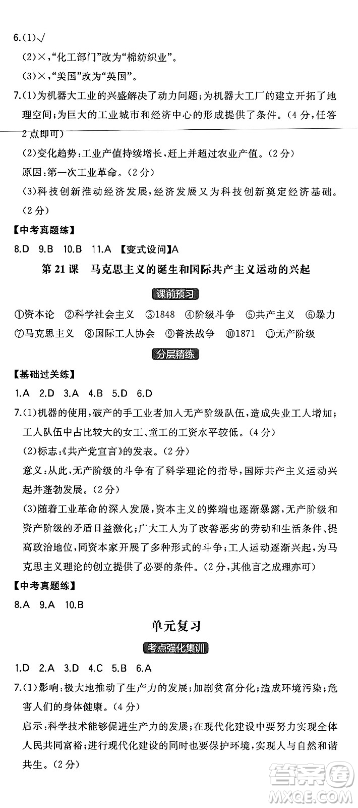 湖南教育出版社2024年秋一本同步訓(xùn)練九年級歷史上冊人教版安徽專版答案